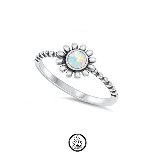Sterling Silver White Opal Beaded Flower Ring