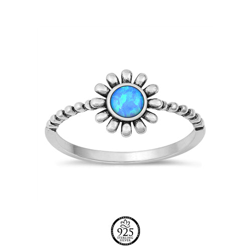 Sterling Silver Blue Opal Beaded Flower Ring