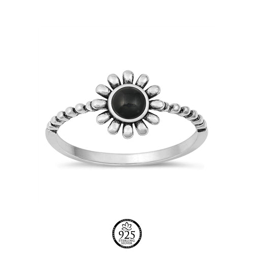 Sterling Silver Black Beaded Daisy Ring