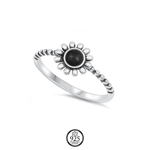 Sterling Silver Black Beaded Daisy Ring