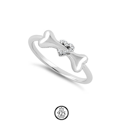 Sterling Silver Dog Bone & Heart Round Cut Crystal Ring