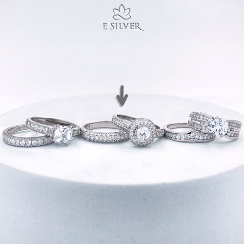 Sterling Silver Halo Round Crystals Engagement Set Ring