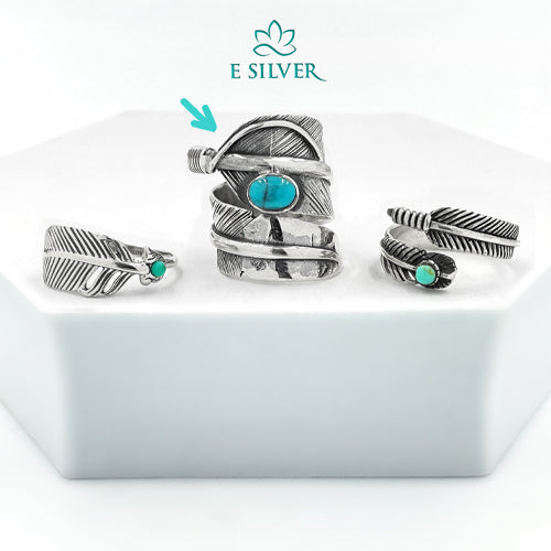 Sterling Silver Feather Boho Ring with Turquoise