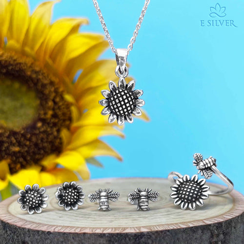 Sterling Silver Sunflower with Bumble Bee Ring