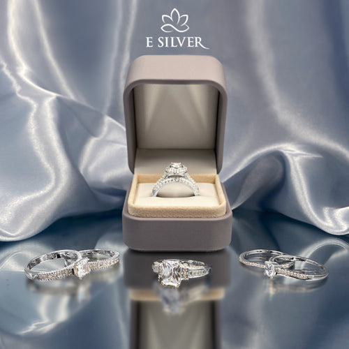 Sterling Silver Halo Round Crystals Engagement Set Ring