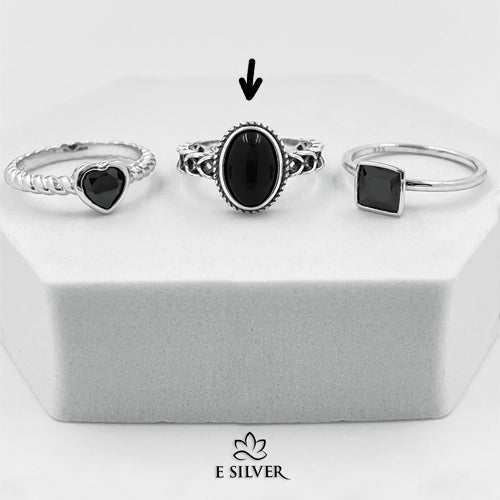 Sterling Silver Oval Black Stone Ring