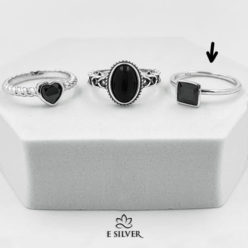 Sterling Silver Solitaire Black Stone Square Ring