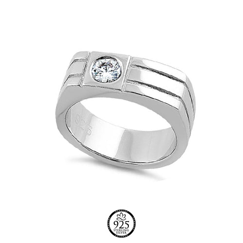 Sterling Silver Men's Round Cut Clear Crystal Ring
