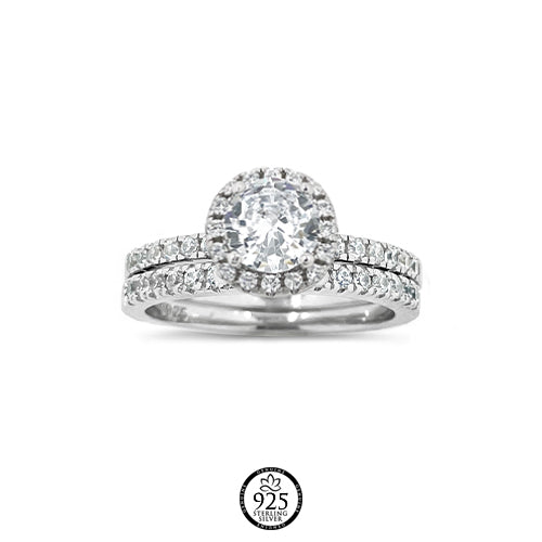 Sterling Silver Round Cut Crystals Engagement Ring
