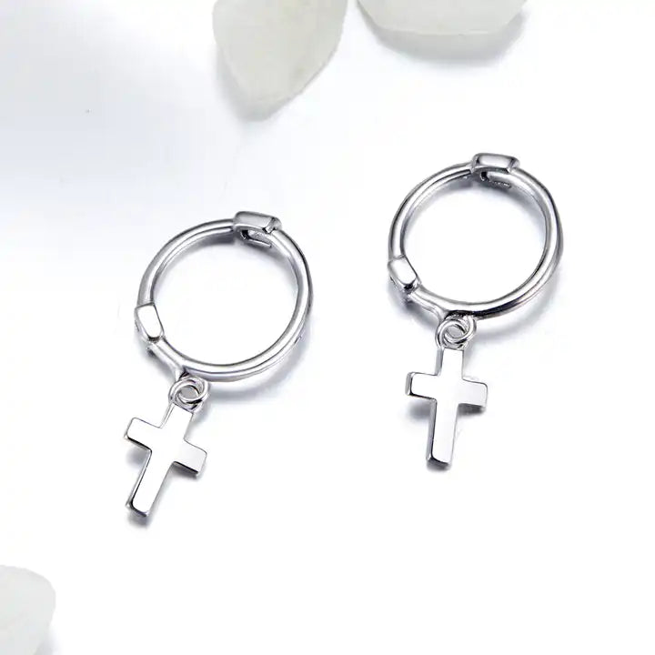 Sterling Silver Dangle Cross Hoops Earrings