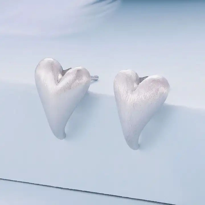 Sterling Silver Brushed Heart Earrings