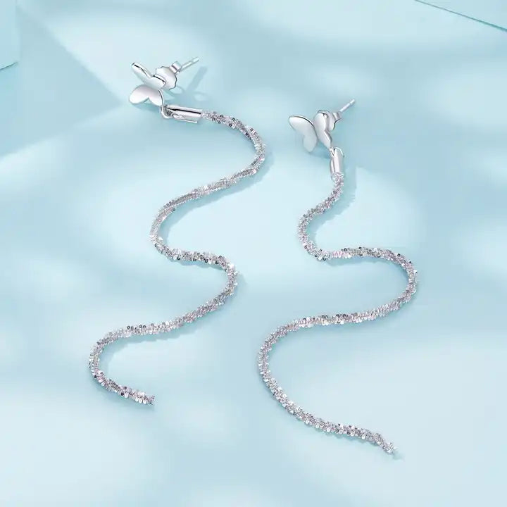 Sterling Silver Long Butterfly Earrings