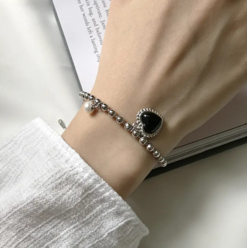 Sterling Silver Black Heart and Pearl Bead Bracelet