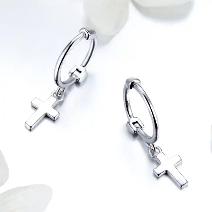 Sterling Silver Dangle Cross Hoops Earrings