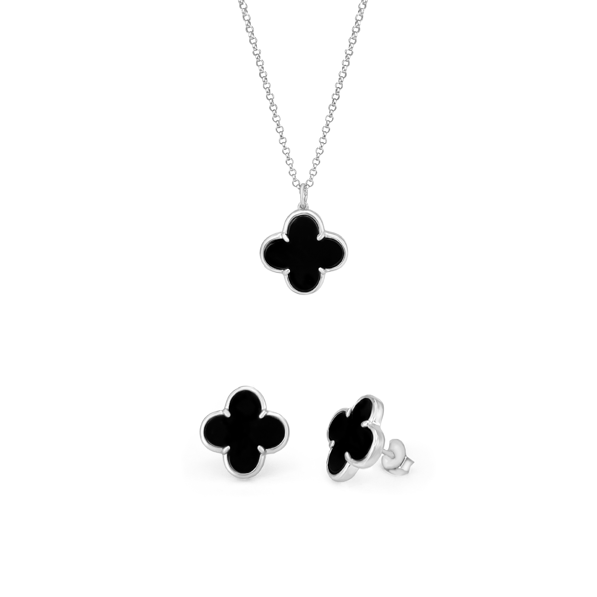 Sterling Silver Black Agate Flour Clover Leaf Set