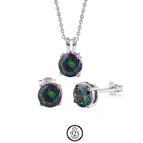 Sterling Silver Rainbow Stone Crystal Round Set