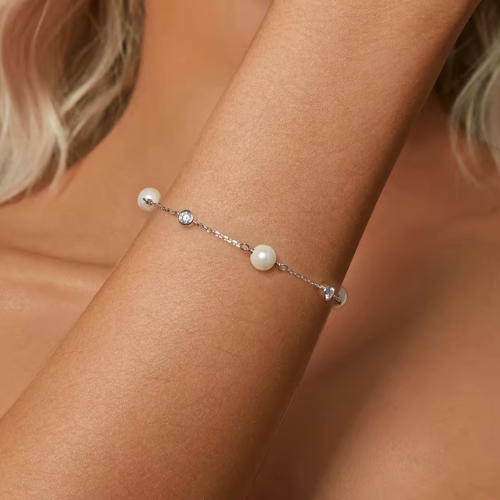 Sterling Silver Pearl and Moissanite Diana Bracelet