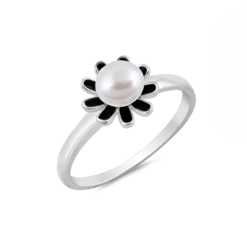 Sterling Silver Black Flower Pearl Ring