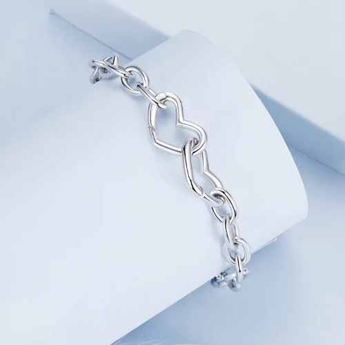 Sterling Silver Two Hearts Link Bracelet