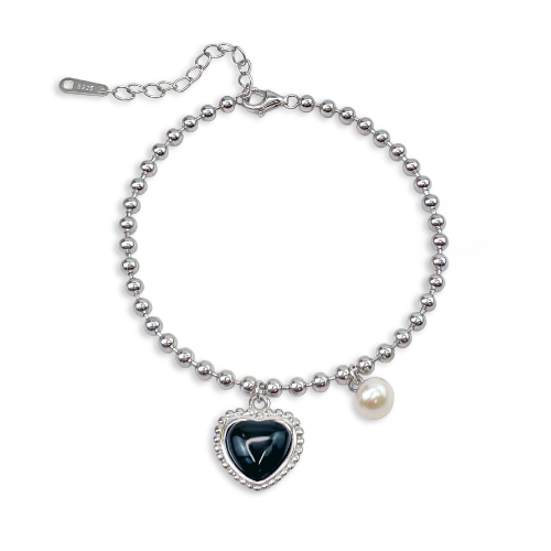 Sterling Silver Black Heart and Pearl Bead Bracelet