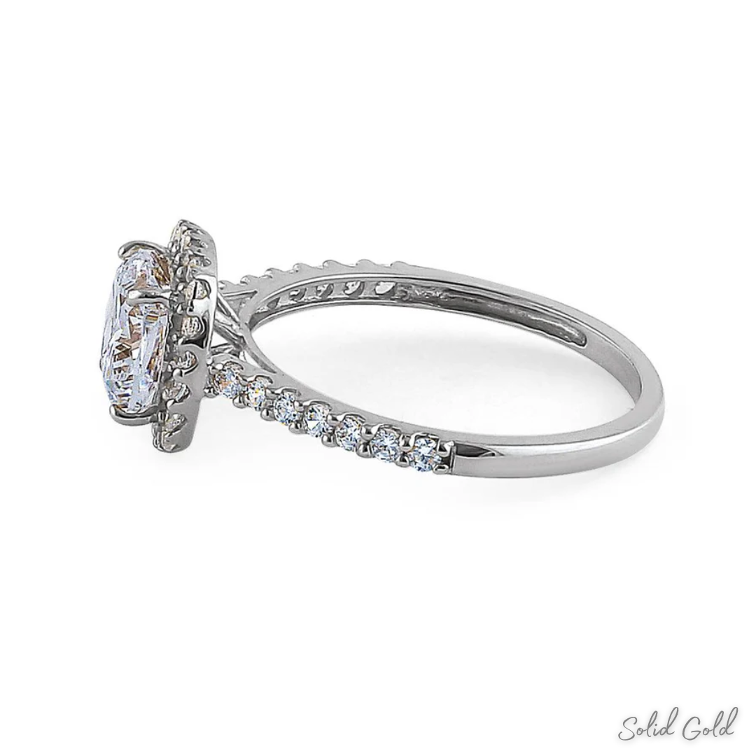Solid 14K White Gold Cushion Cut Halo CZ Engagement Ring