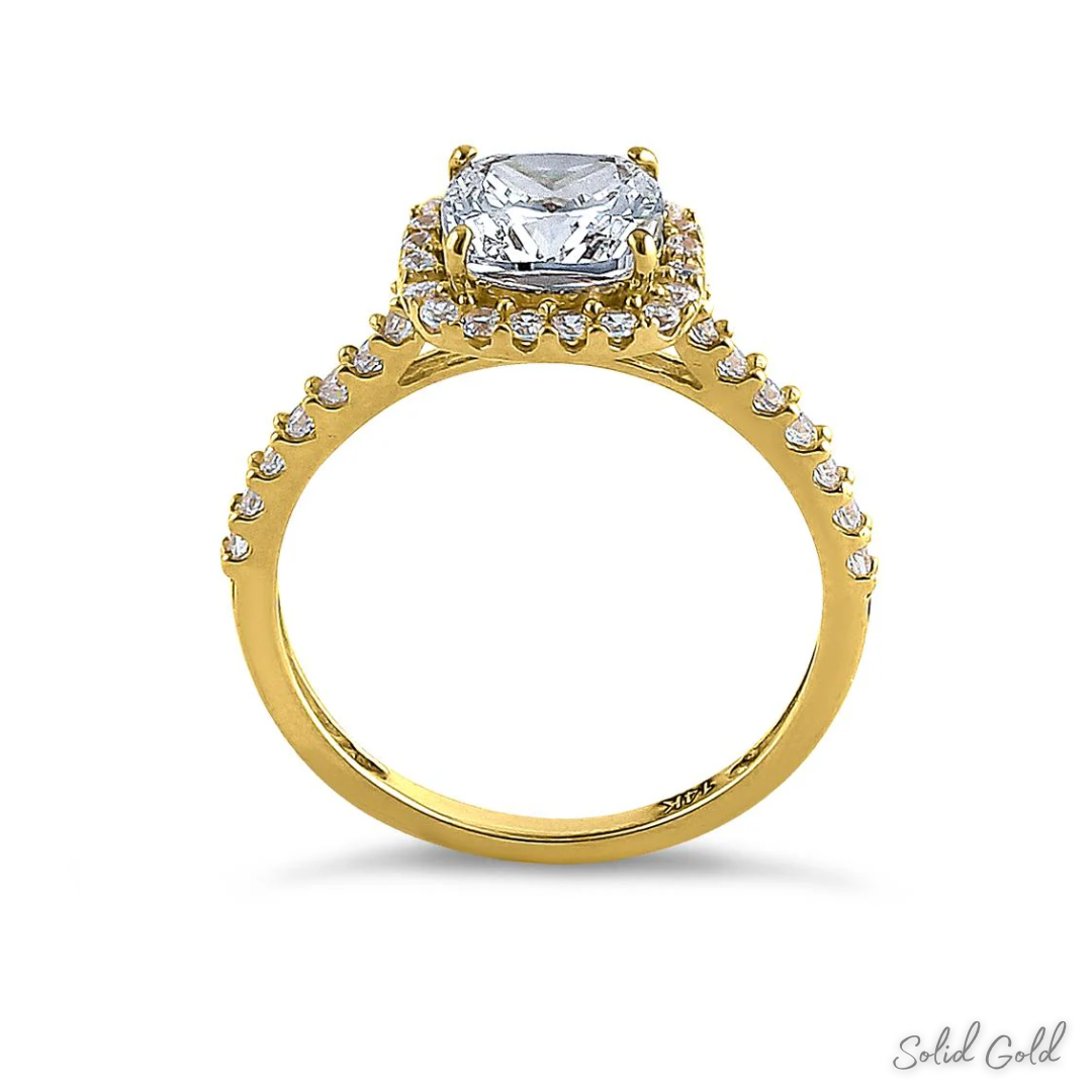 Solid 14K Gold Cushion Cut Halo CZ Engagement Ring