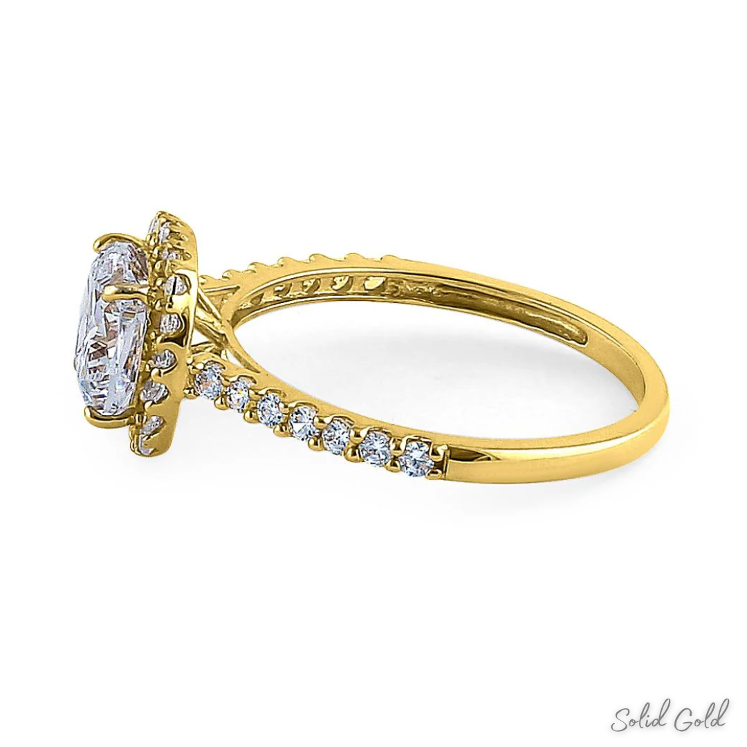 Solid 14K Gold Cushion Cut Halo CZ Engagement Ring