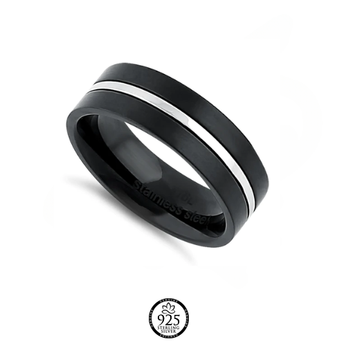 Stainless Steel 6.5mm Striped Black Ring