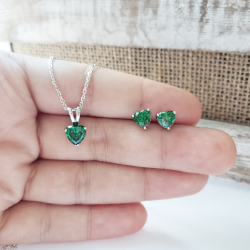 Sterling Silver Green Emerald Heart Crystal Set