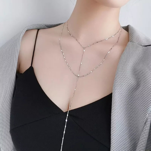 Sterling Silver Double Layer Simple Tassel Necklace