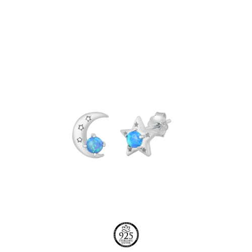 Sterling Silver Uneven Moon and Star Blue Opal Earrings