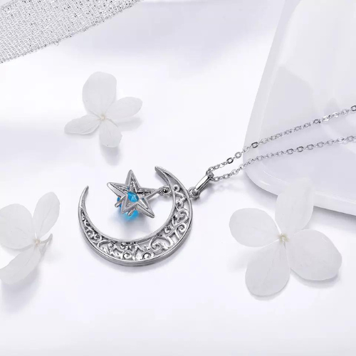 Sterling Silver The Blue Star in a Moon Necklace