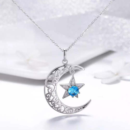 Sterling Silver The Blue Star in a Moon Necklace