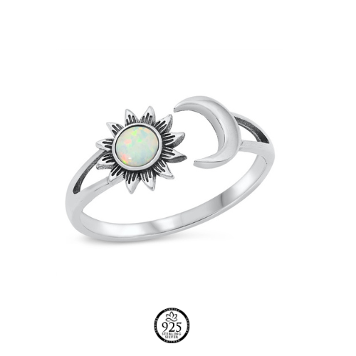 Sterling Silver Moon and White Celestial Sun Ring