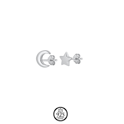 Sterling Silver Uneven Moon & Star Plain Earrings
