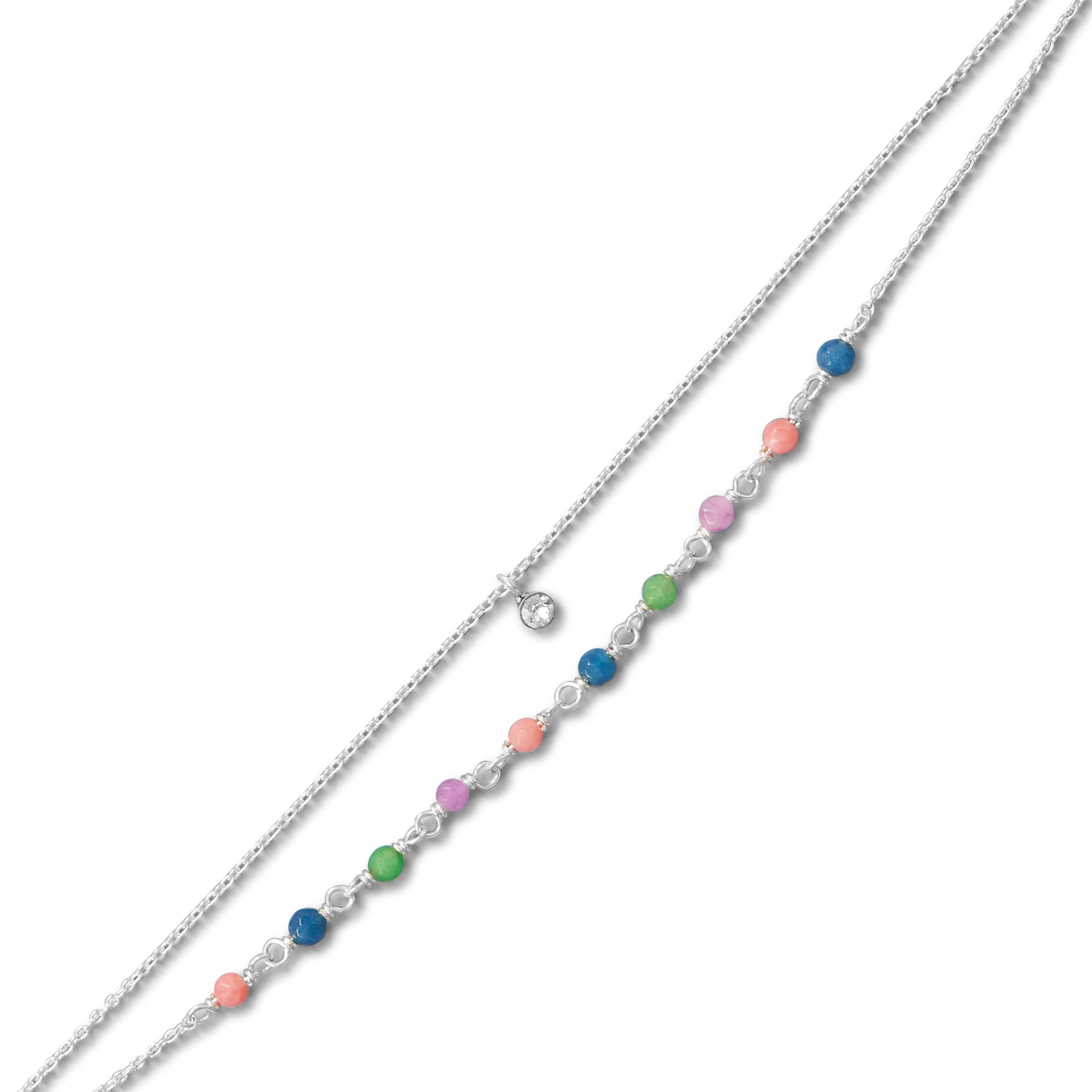 Sterling Silver Jade Stone and Crystal Double Strand Anklet