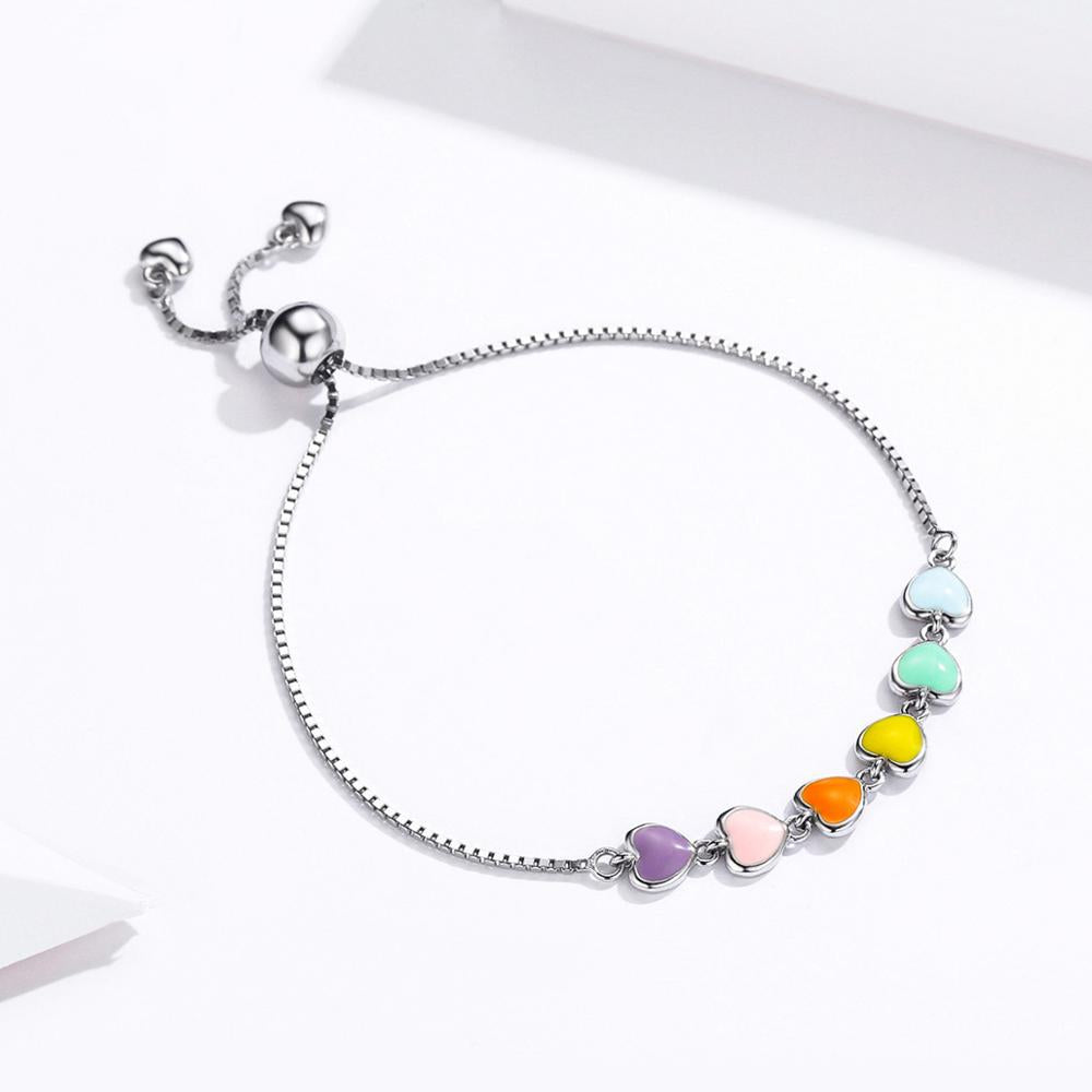 Sterling Silver Candy Rainbow Hearts Adjustable Bracelet