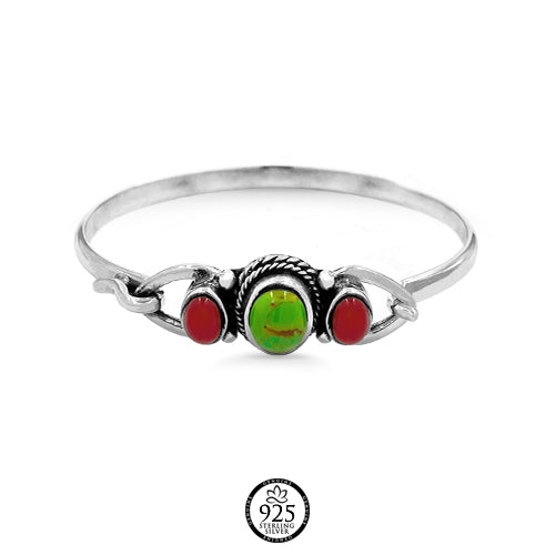 Sterling Silver Red and Green Turquoise Stone Bangle