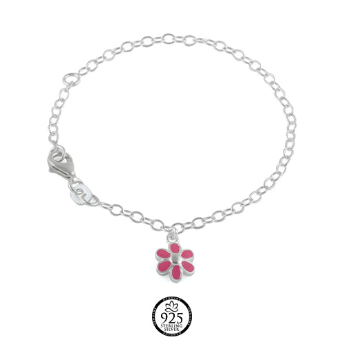 Sterling Silver Pink Enamel Flower Bracelet