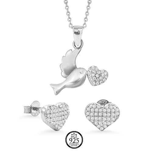 Sterling Silver Sparrow and Heart Crystals Charm