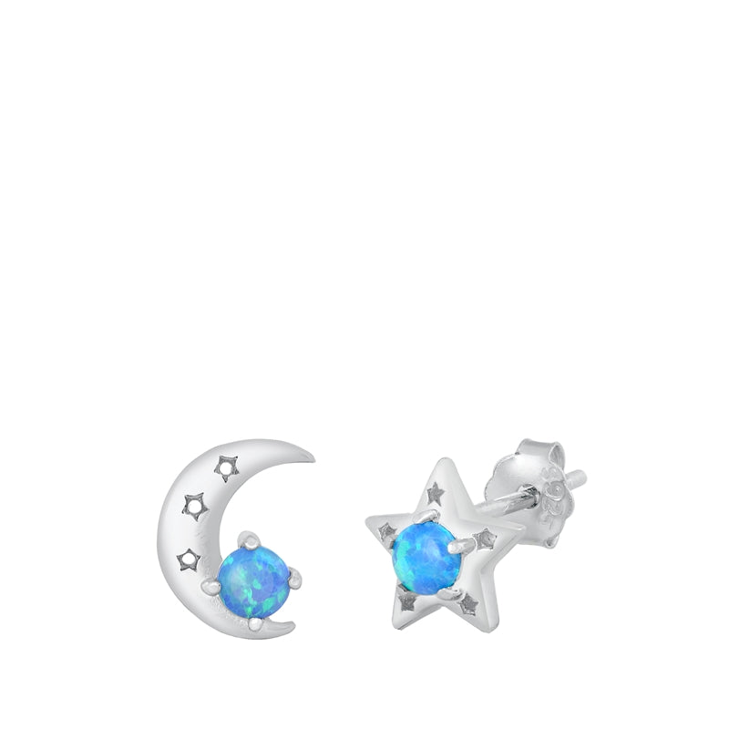 Sterling Silver Uneven Moon and Star Blue Opal Earrings