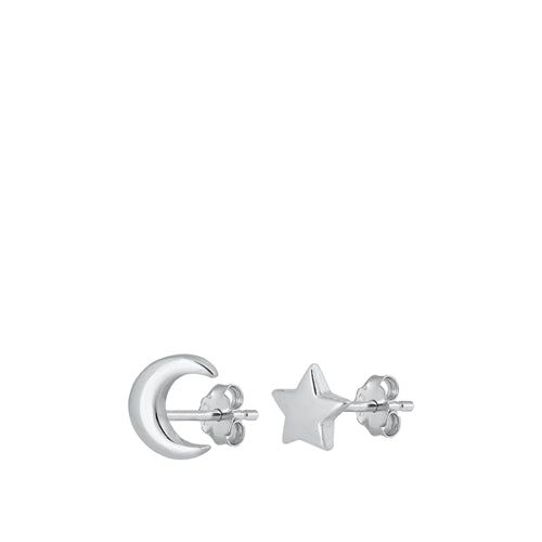 Sterling Silver Uneven Moon & Star Plain Earrings