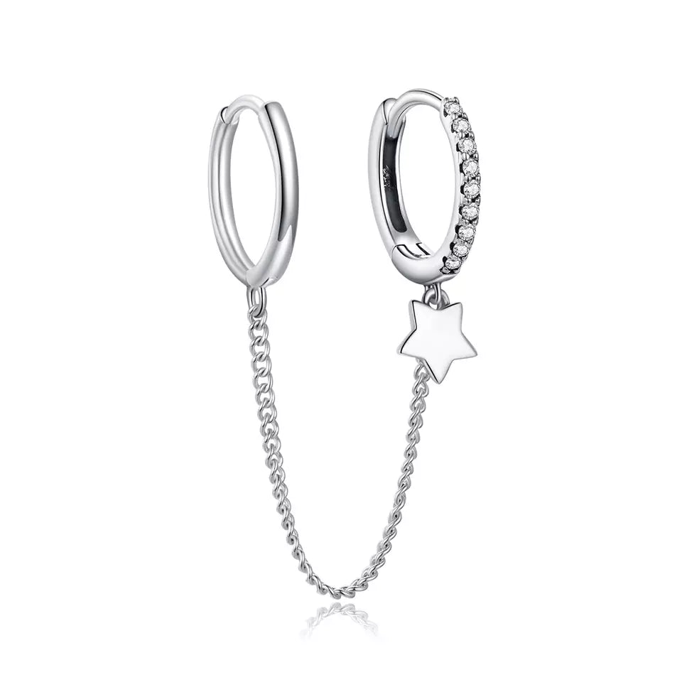 Sterling Silver Double Love Star Chain Hoops