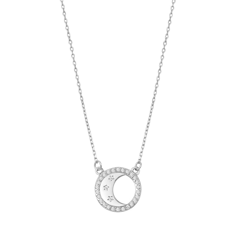 Sterling Silver Crescent Moon Clear Crystal Necklace