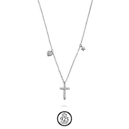 Sterling Silver Cross, Heart and Star Necklace
