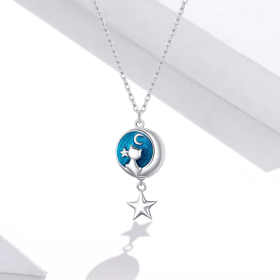 Sterling Silver Cat in the Moon in Blue Sky Necklace