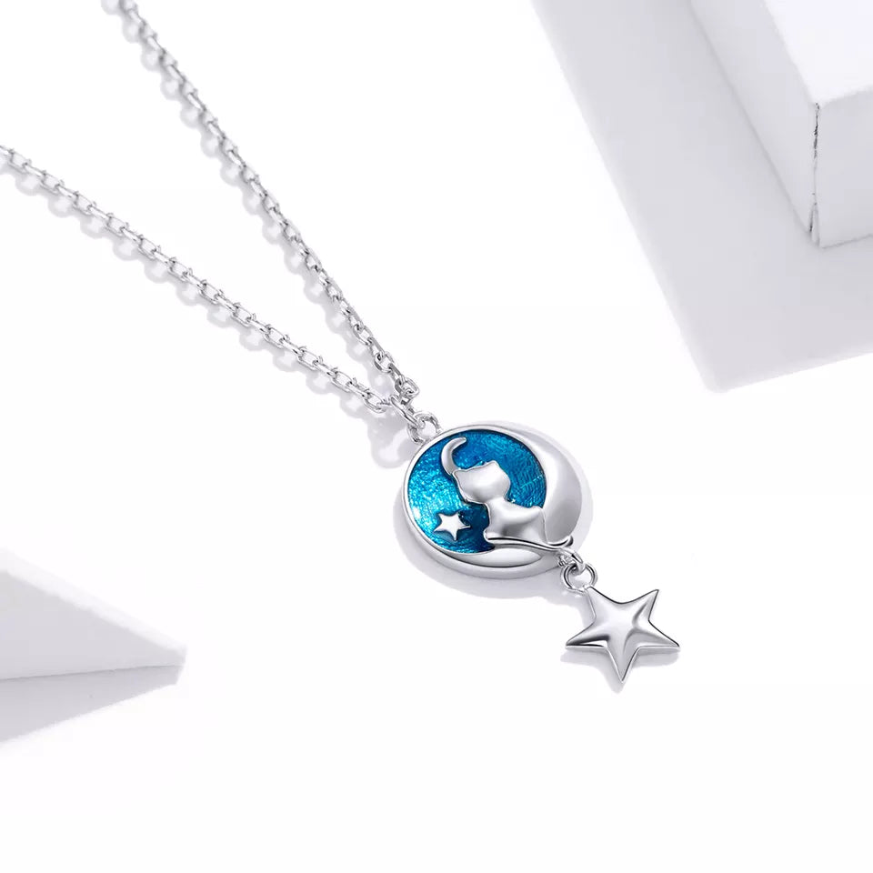 Sterling Silver Cat in the Moon in Blue Sky Necklace