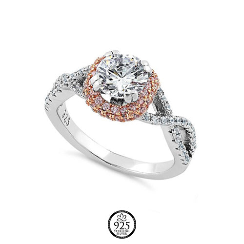 Sterling Silver Twisted Two Tone Rose Gold Plated Clear Crystal Ring