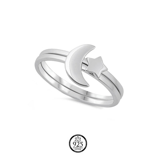 Sterling Silver Moon and Star Double Ring