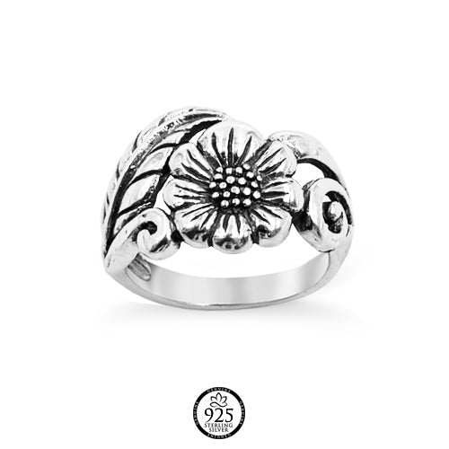 Sterling Silver Sunflower and Leaf Ring
